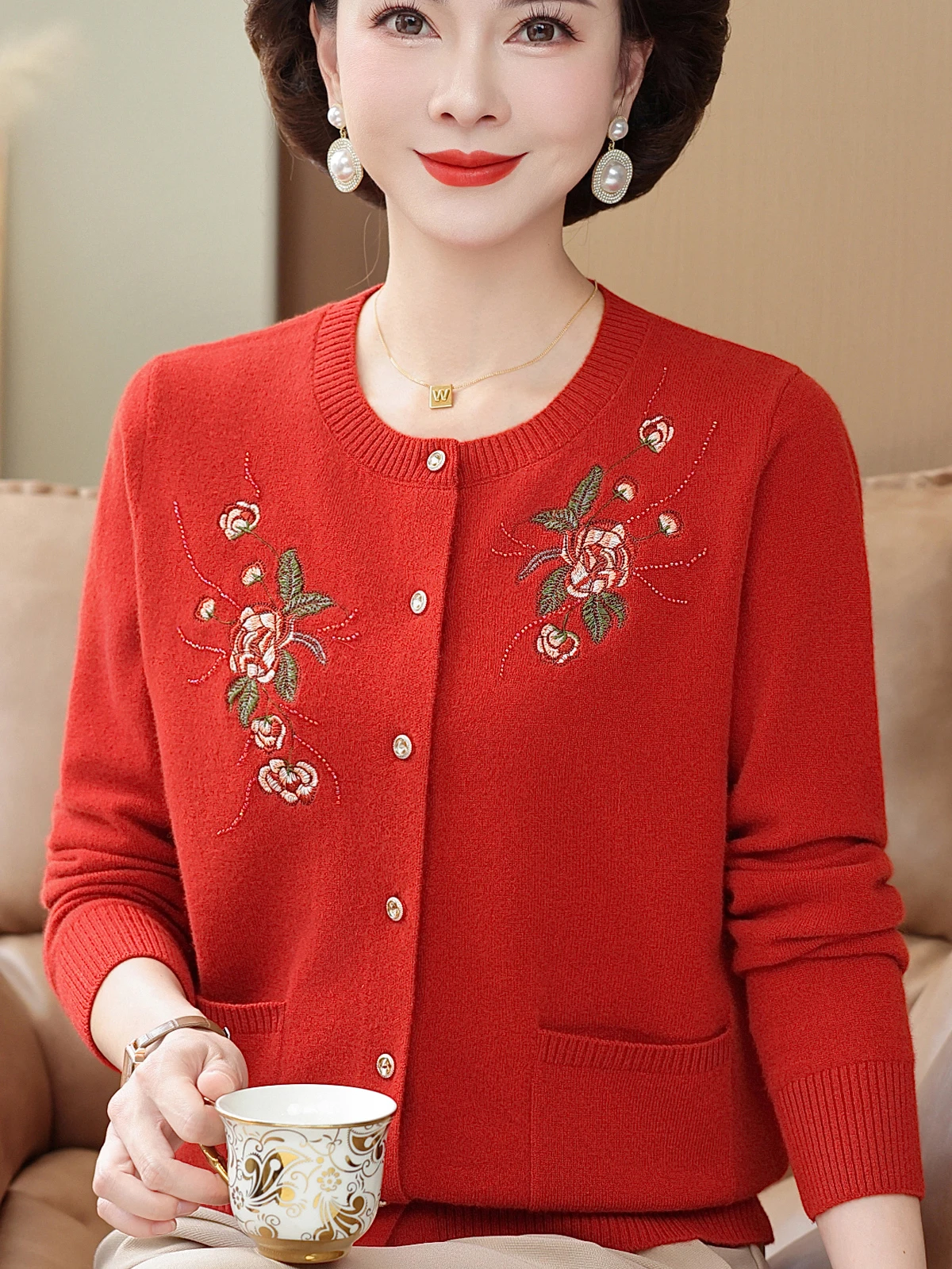 

Sli Embroidered Full Wool Knitted Top round Ne Large ket Mom Clothes Sweater Cardigan Outerwear for Middle-Aged And ...