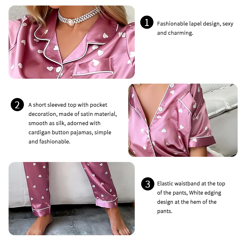 Women\'s Sleepwear Heart Print Satin Pajama Set Casual Short Sleeve Buttons Lapel Top & Pants Pajamas Soft Home Clothing Pyjamas