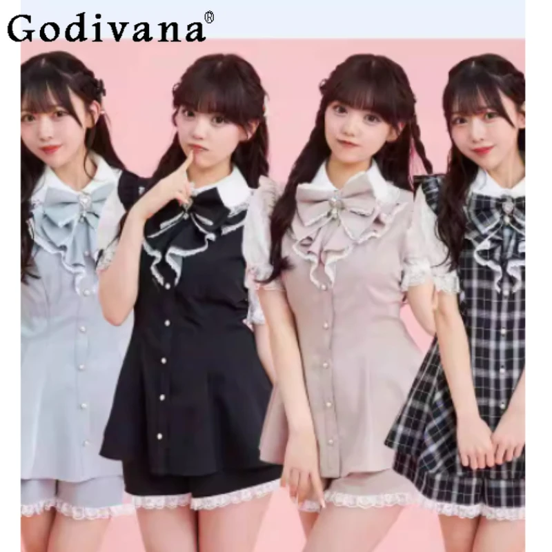 

Plus-size Japanese Spring Summer Lace-up Short Sleeve Shirt Shorts Two-piece Sets Fashion Age-reducing College Sweet Bow Shirts