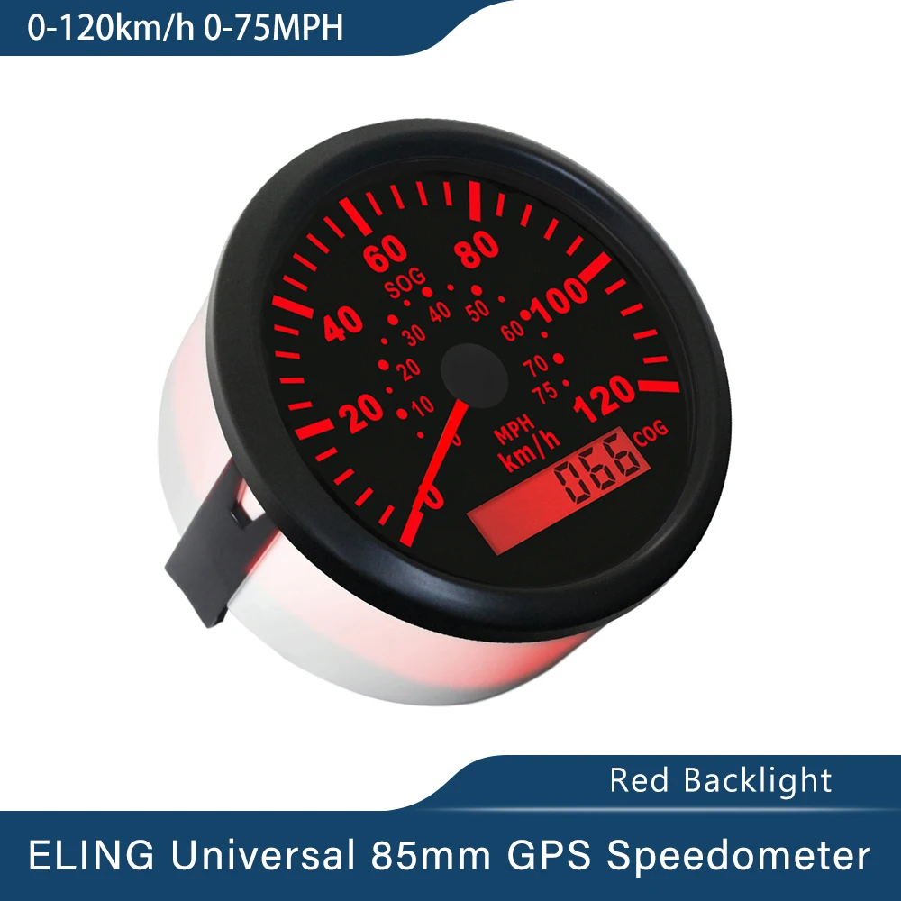 

Car Boat Yacht Vessels 85mm (3-3/8'') 0-60KM/H 0-40MPH 0-120kmh(0-75MPH) GPS Speedometer with Red Backlight 9-32V