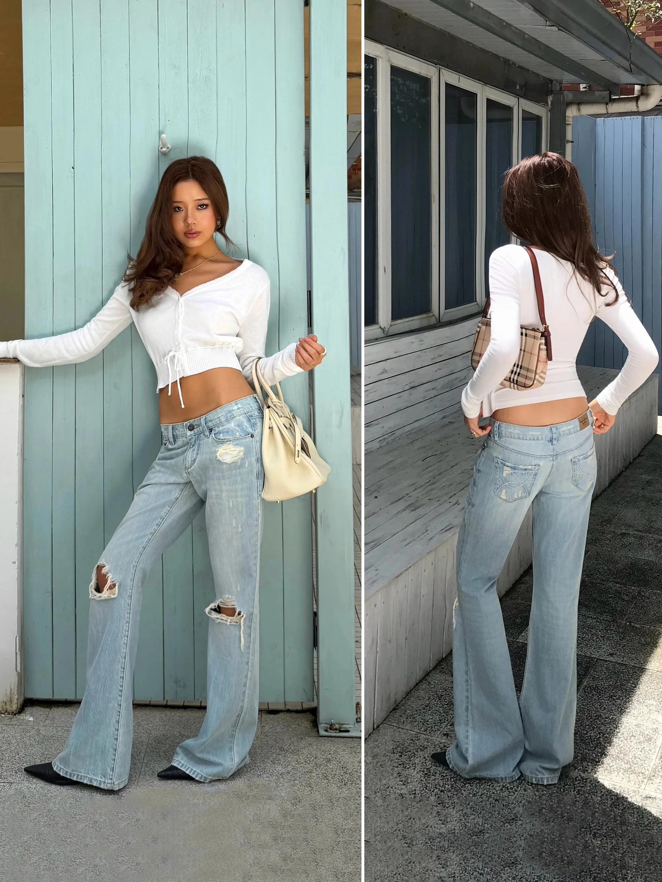Audwyn Women's Ripped Bell Bottom Jeans Light Blue Washed Vintage Faded White  Torn Long Pants Cotton Stretch Natural Waist