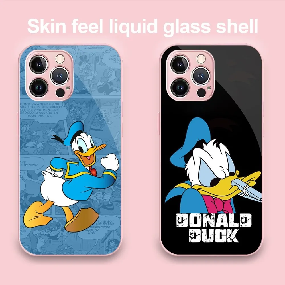 MINISO Donald Duck Phone Case For iPhone 11 12 13 14 Pro Max Plus Mini Metal Painted Glass Fashion Antio-Drop Shell