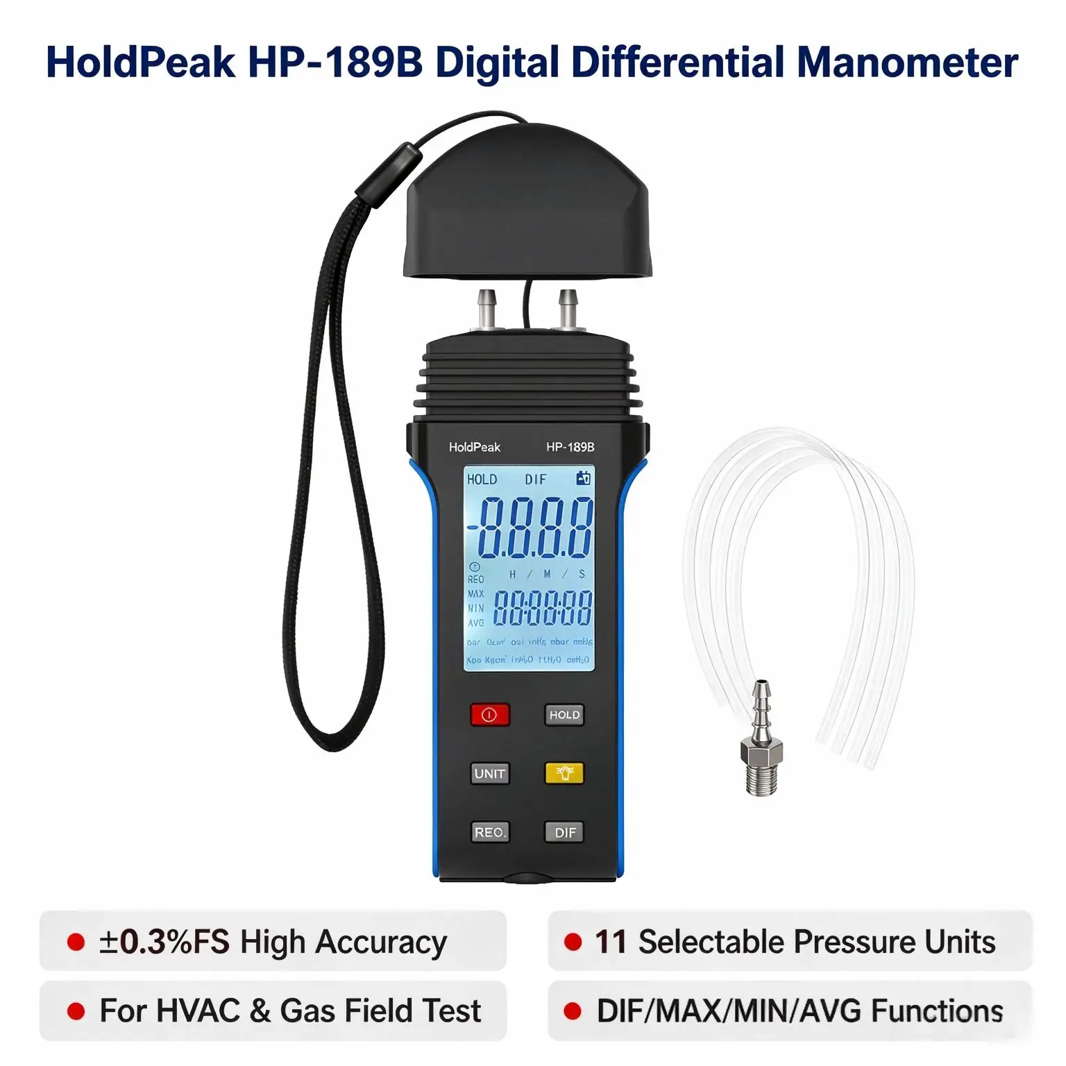 HoldPeak 30PSI Digital Differential Pressure Gauge HVAC ±0.3%FS Dual Port Manometer for Gas Pressure Tester Backlight Data Hold