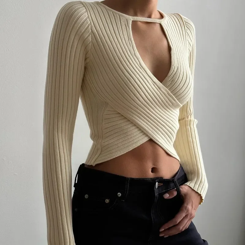 Fashion Long Sleeve Ribbed Knit Wrap-over Tops Elegant Sexy Slim V Neck Autumn Tops Tees Pullovers Streetwear Y2k Top