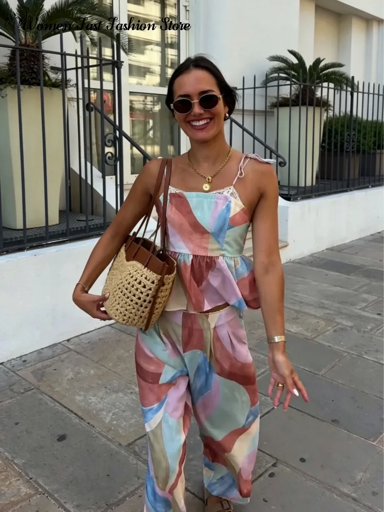 

Fashion Gradient Print Vest Pants Set 2026 Summer New Lady Pleated Lace-up Tank Tops Loose Wide Leg Trousers Women's Chic Outfit