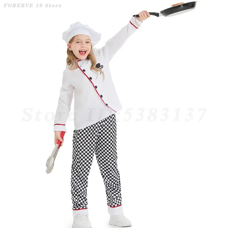 Children Cook T-Shirt Chef Uniform Kids Kitchen Hat Cap Work Jackets Pant Suit Halloween Boys Girls Cosplay Costume Show Outfits