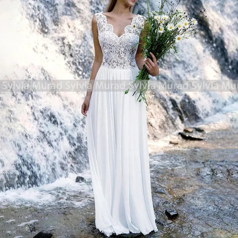 Vestido de novia de encaje de gasa fluida, línea A, largo, cuello hundido, sin mangas, blanco, verano, playa, fiesta nupcial