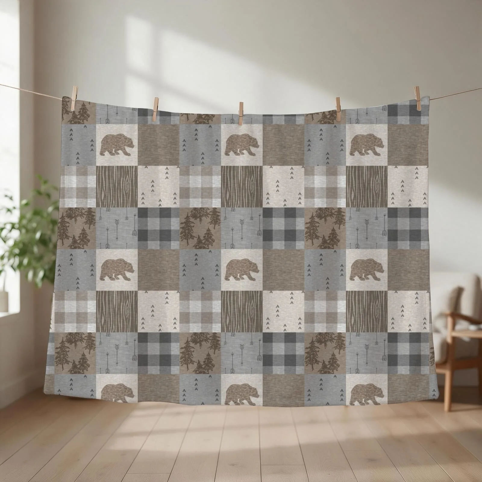 Bear Patchwork - Rustic Neutrals Throw Blanket couch cozy soft plush fuzzy picnic outdoor blanket