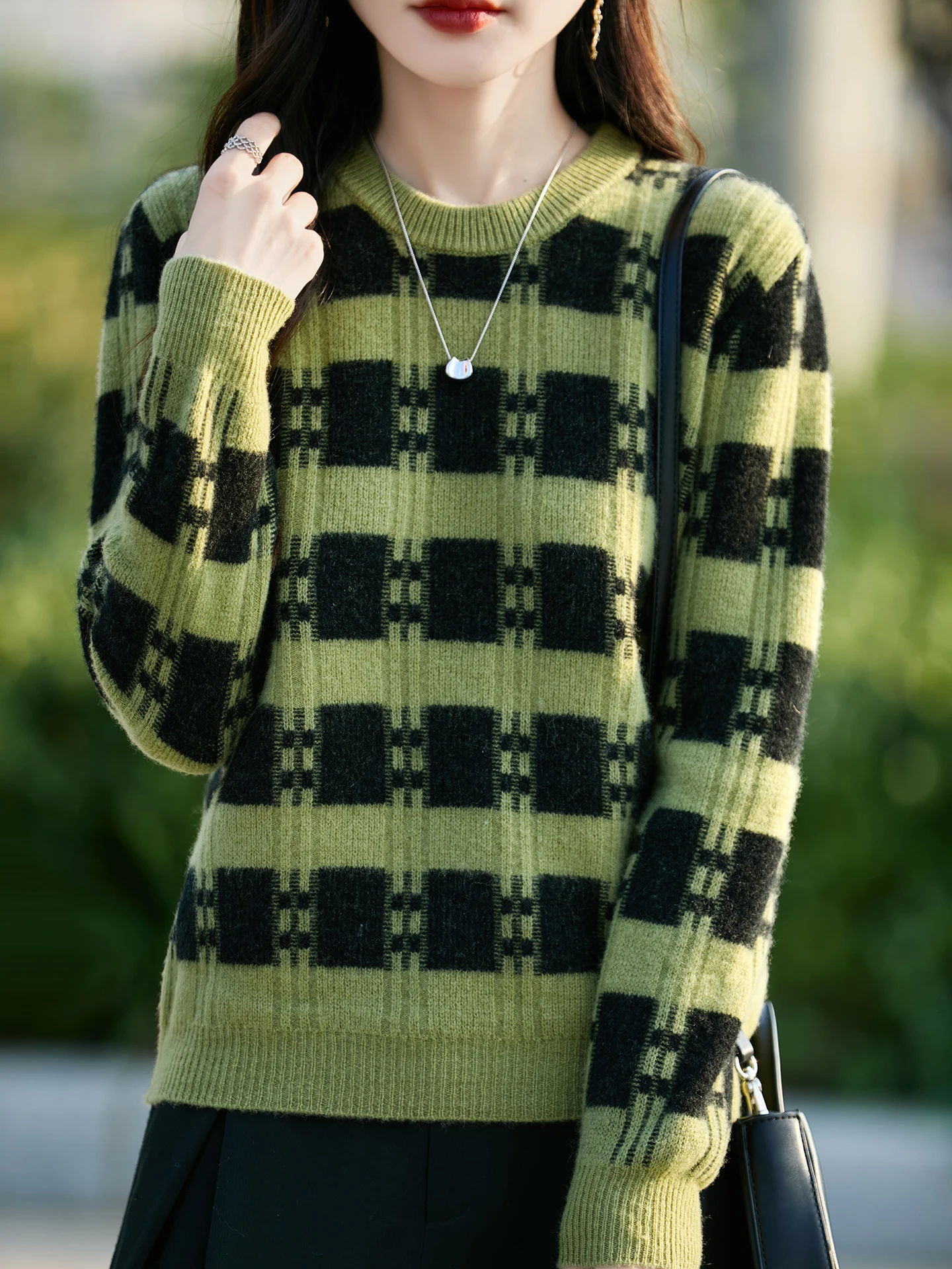 

Women New Fashionable Pullover 100%Merino Wool O-Neck Splicing Collar Loose Knit Long Sleeves Skin Friendly Comfortable Top