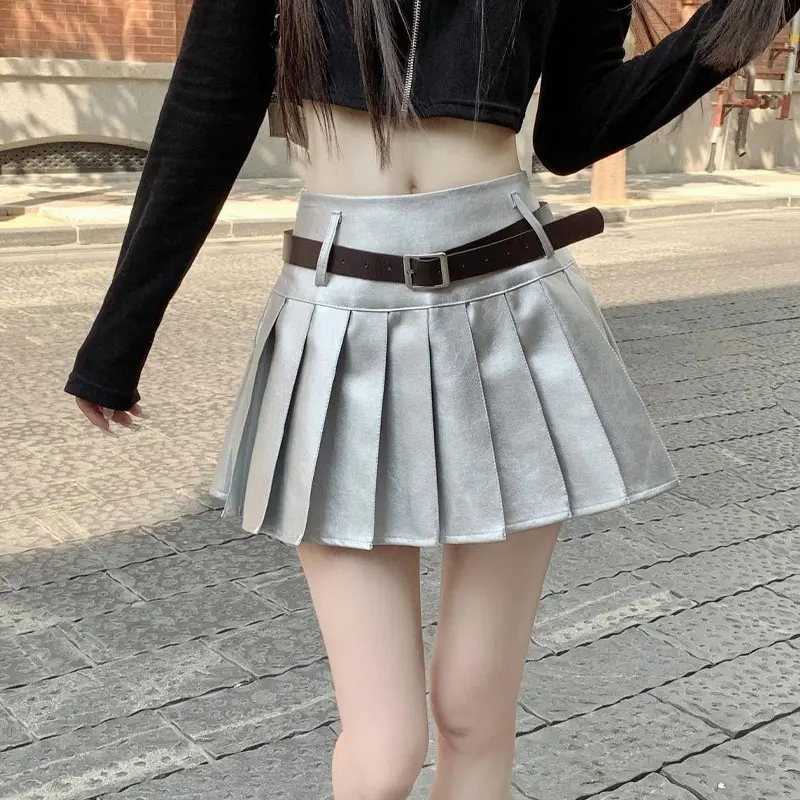 

Preppy Style Korean Pleated Y2K Skirts Female Clothing High Waist Spring Autumn Fashion Sashes Hotsweet Faux Leather Mini Skirts