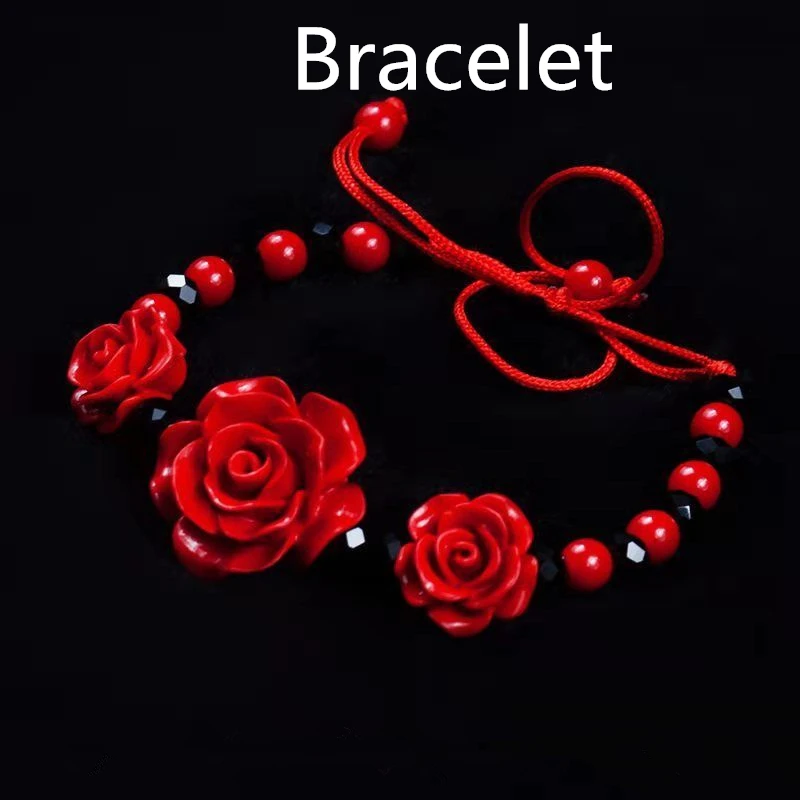 Vintage Lucky Red Rose Floral Jewelry Set for Women Graceful Joker Necklace Earrings Bracelet Rings Lady Neck Accessories 2022