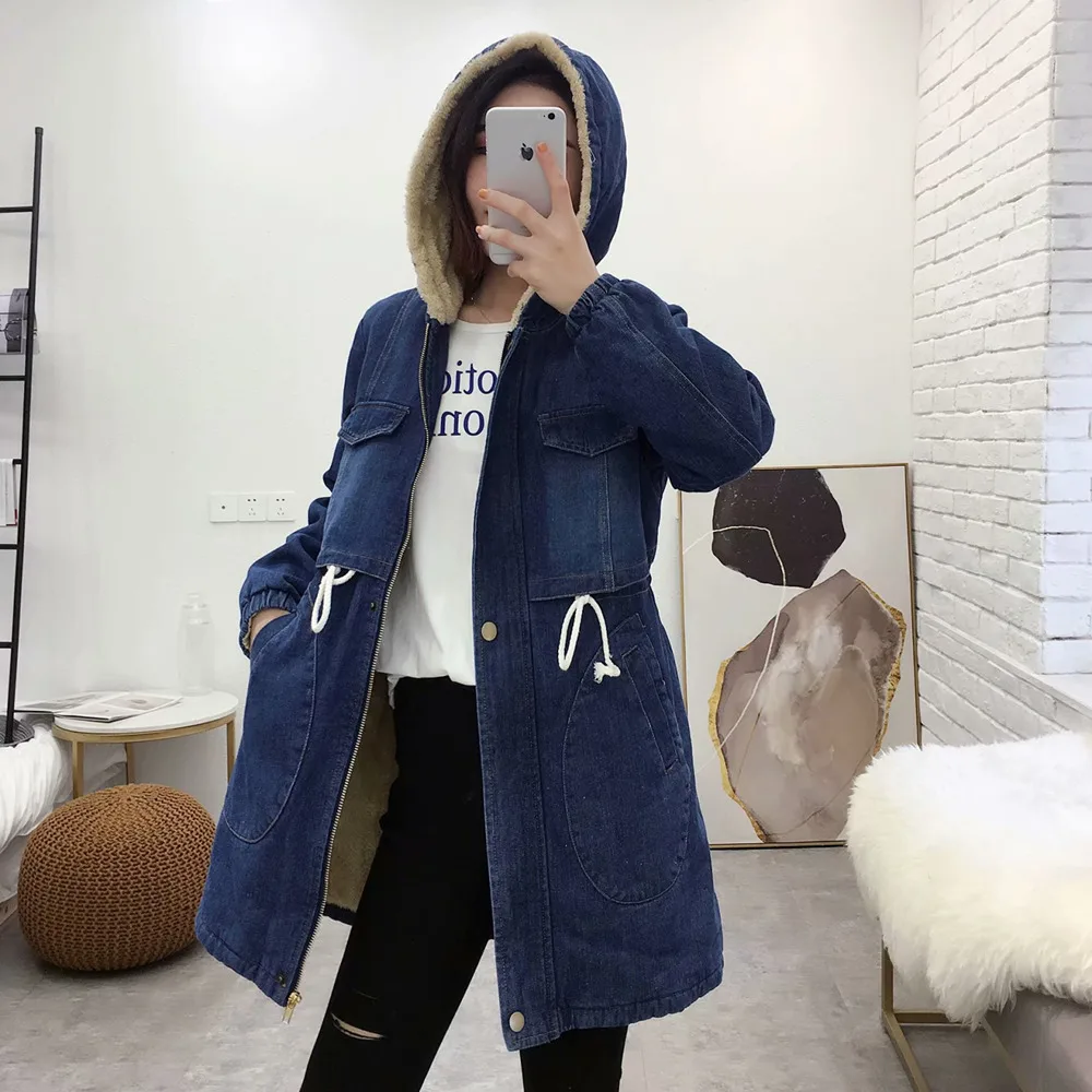 

Pop Women Denim Jacket Winter Nice Fashion Warm Thicken Plus Velvet Cotton Parkas Coat Loose Hooded Long Tops Outerwear Female