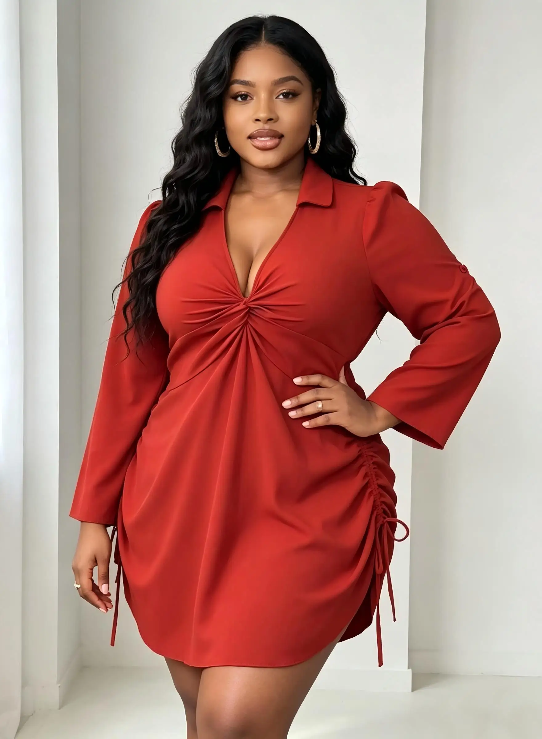 Women Plus Size Collared Twist Front Long Sleeve Dress Side Drawstring Ruched Hem V Neck Casual Party Short Dress For Curvy Ladi view 3