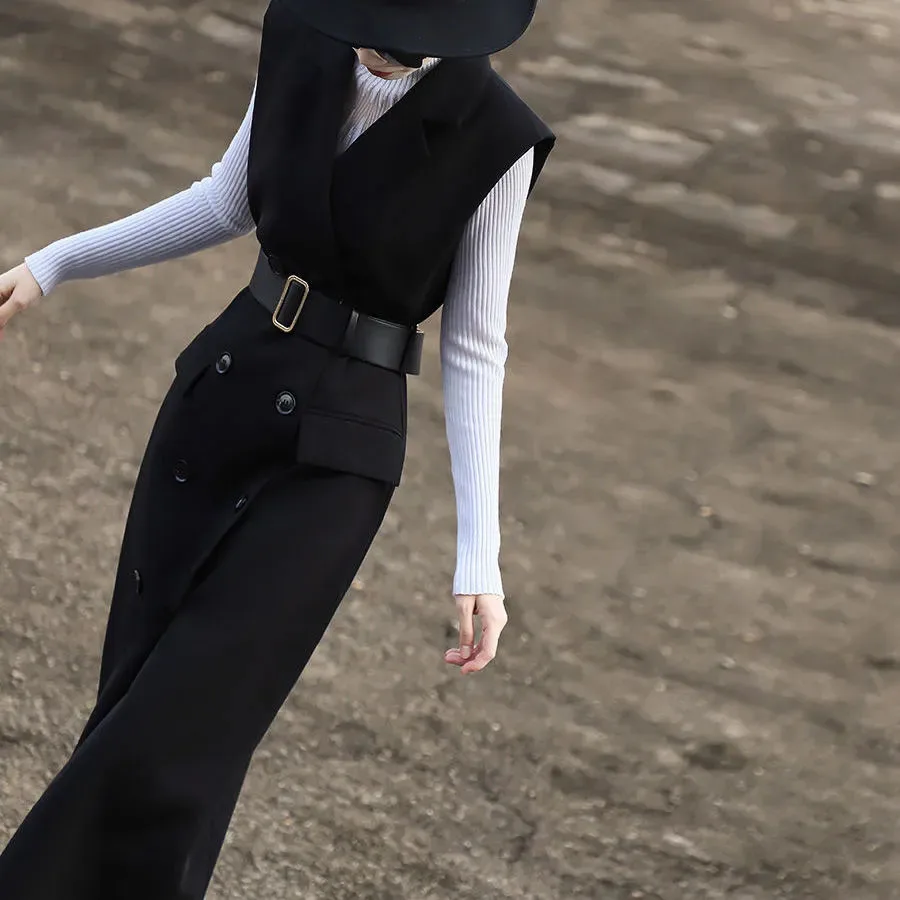 New French Style Luxury Long Vest Dress 2025Spring Autumn Temperament Double Breasted Sleeveless Suit Vest Dress Women Waistcoat