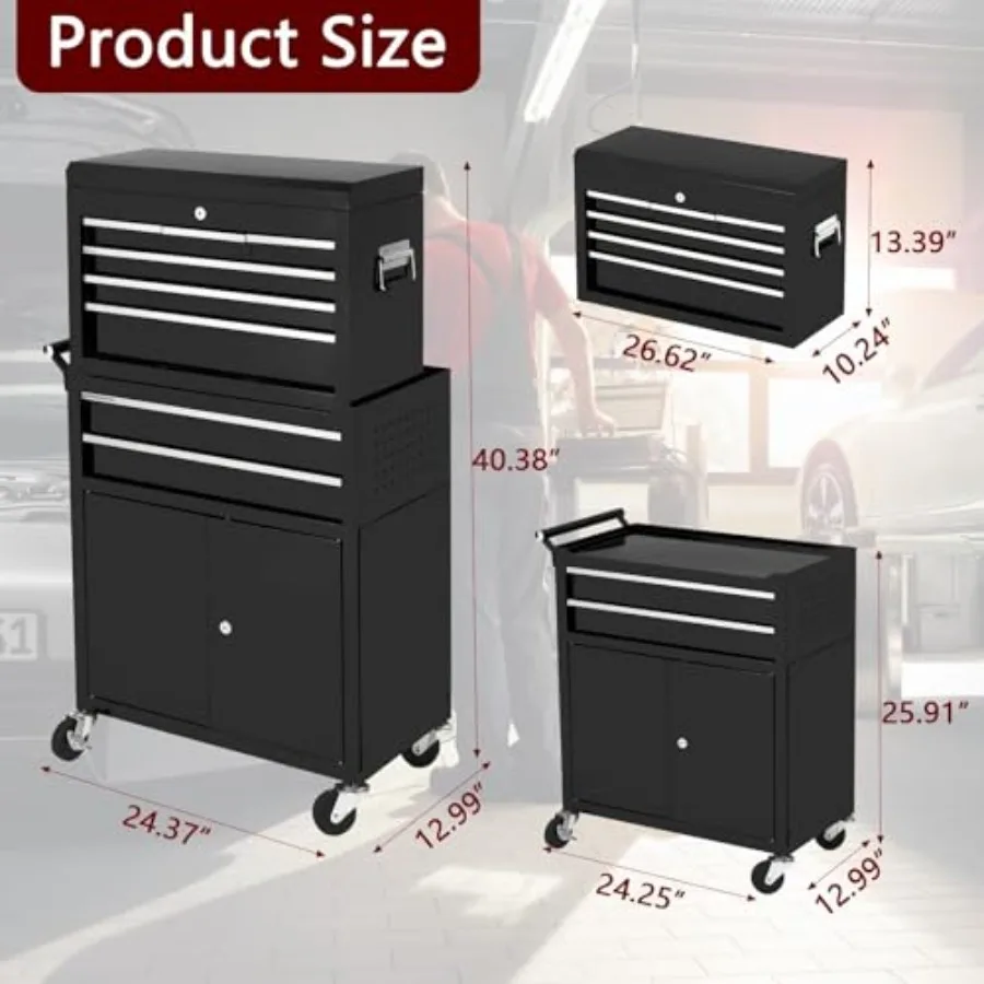 Garage workshop mechanic use: heavy duty steel 8-drawer tool chest with wheels, lockable 1-door rolling cabinet, detachable por