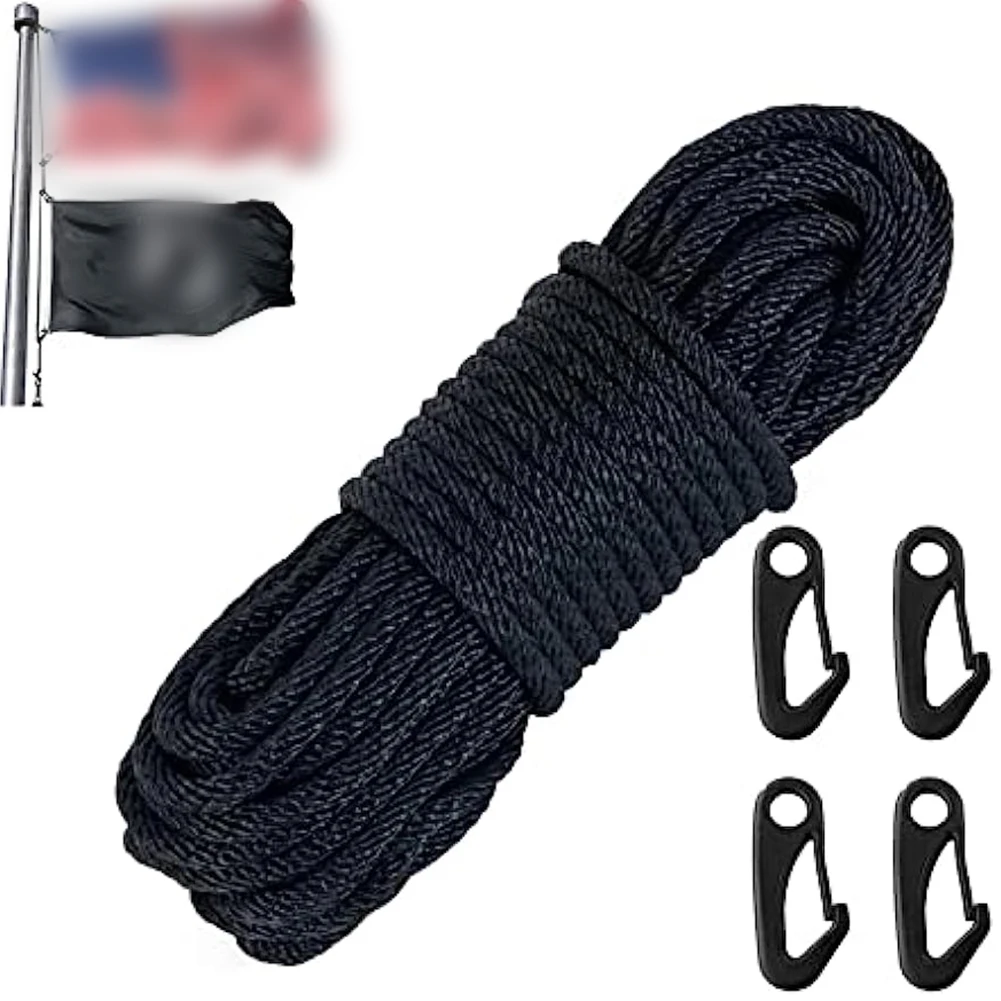 Parts Flag Rope 38 Feet Accessories Black Fittings With 4x Clips Flag Pole Rope Nylon Pull Replacement Snap Hooks