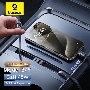 BASEUS รถอัจฉริยะ Docking Station HUB สําหรับ Tesla 2023 2024 รุ่น 3 รุ่น Y GAN 45W PD Fast Charger USB shunt HUB Splitter