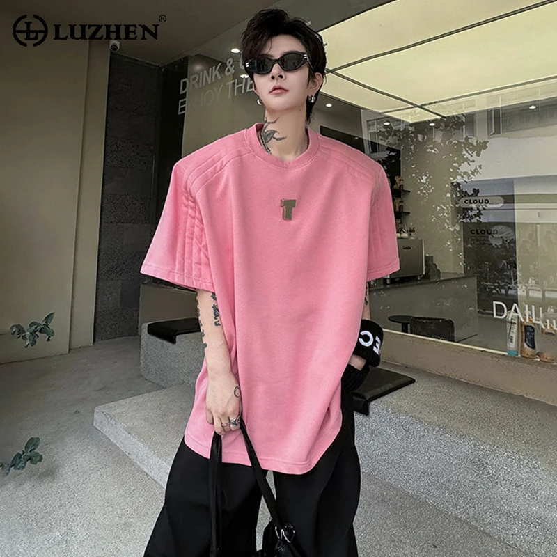 

LUZHEN Metal Decorate Pleated Design Solid Color Short Sleeved T-shirts New Trendy Men's Tops Korean Reviews Many Clothes LZ2602