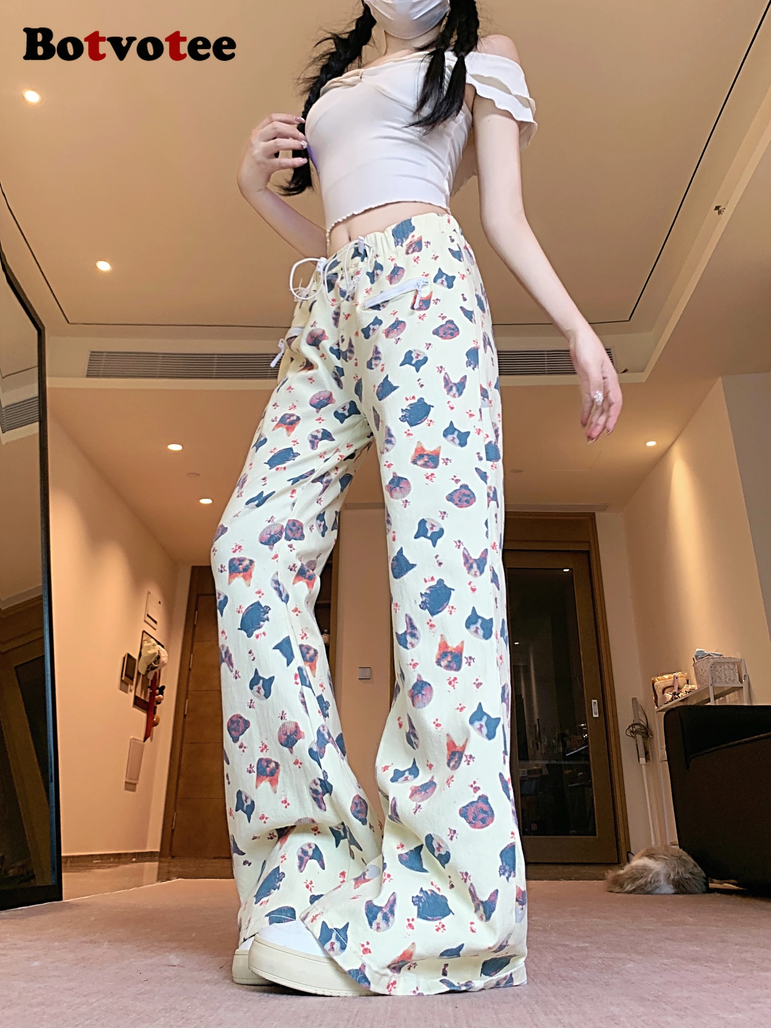 

Джинсы Botvotee с ручной росписью и граффити, широкие джинсовые брюки с высокой талией и художественным рисунком, бежевые джинсы Y2k