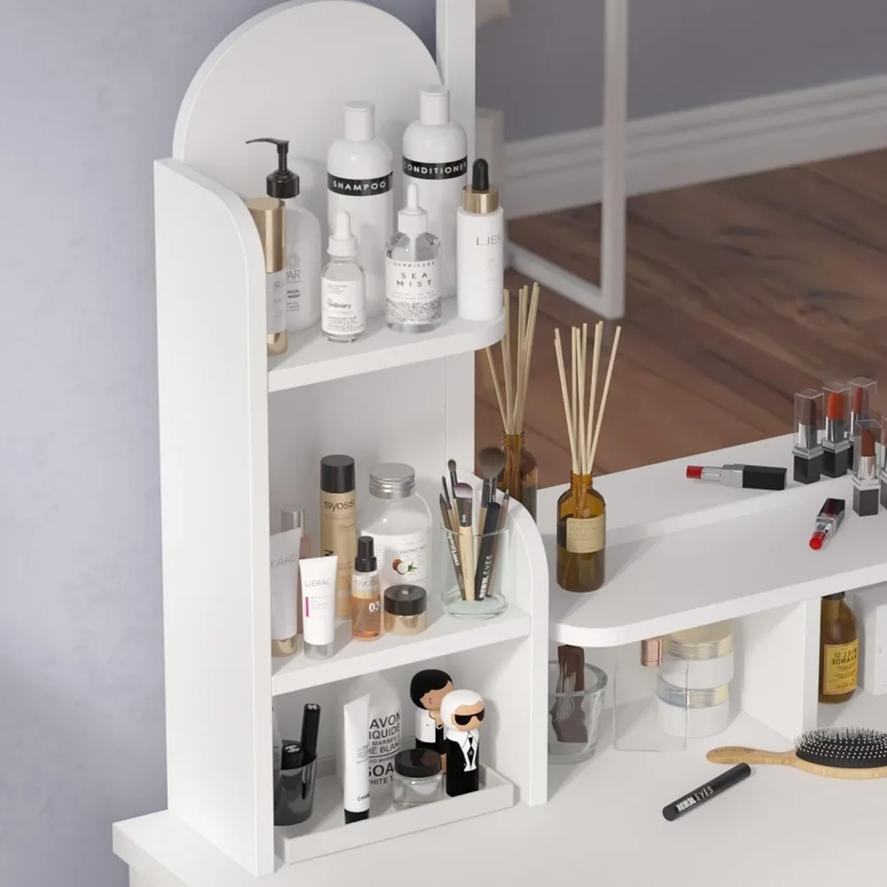 مجموعة مكياج ECACAD: مرآة كبيرة وطاولة تزيين مكونة من 5 أدراج مع أرفف تخزين ومقعد مبطن لغرفة النوم #4