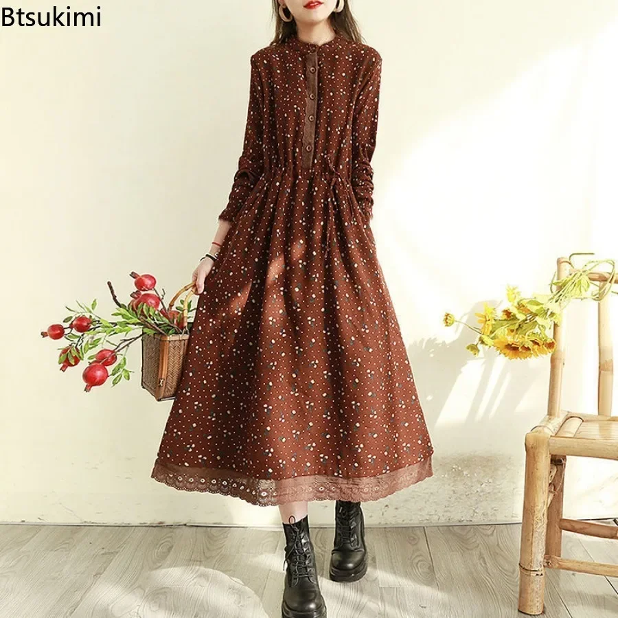 

New Floral Printed Cotton Linen Dresses for Women Fashion Vintage Long Lace Dress Female 2024 Spring Loose Slim Elegant Vestidos