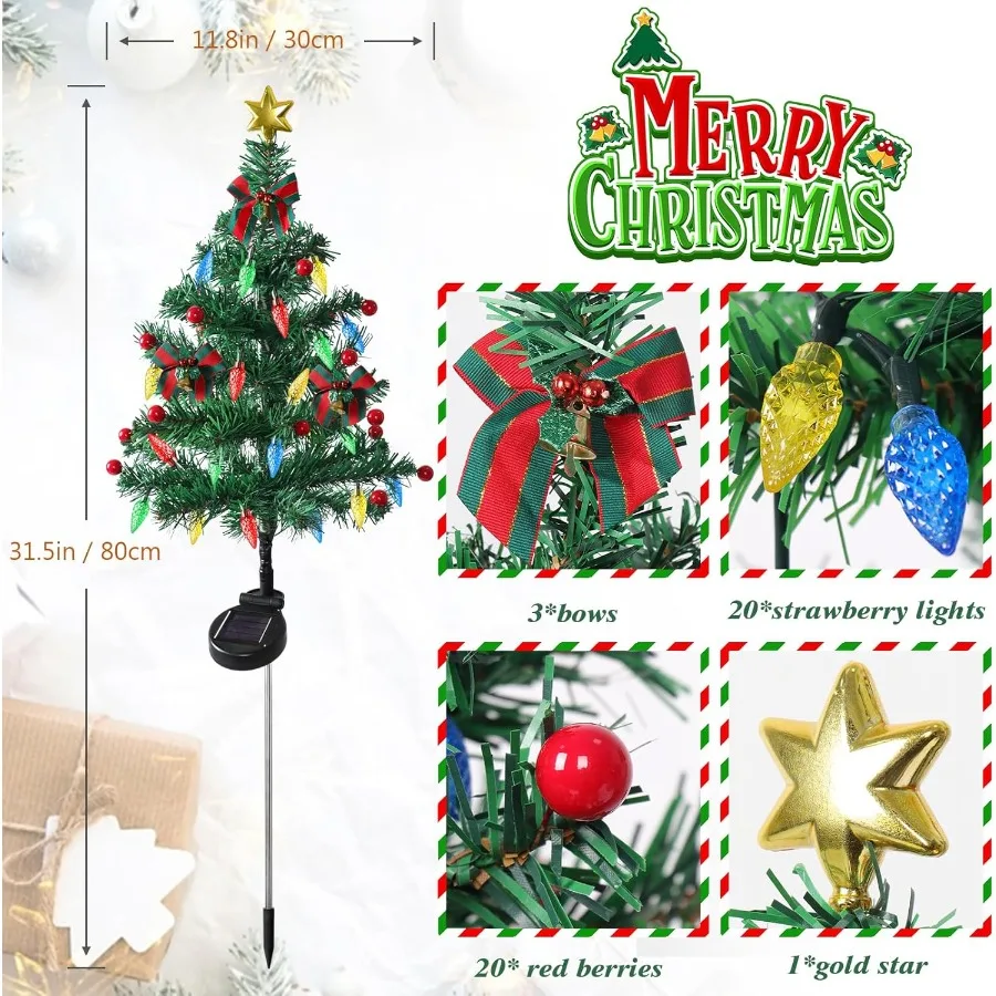 Arbre de Noël solaire à l'extérieur, paquet de 4 arbres de Noël solaires étanches avec 80 lumières LED, 2 Modes de clignotement, décorations de Noël solaires