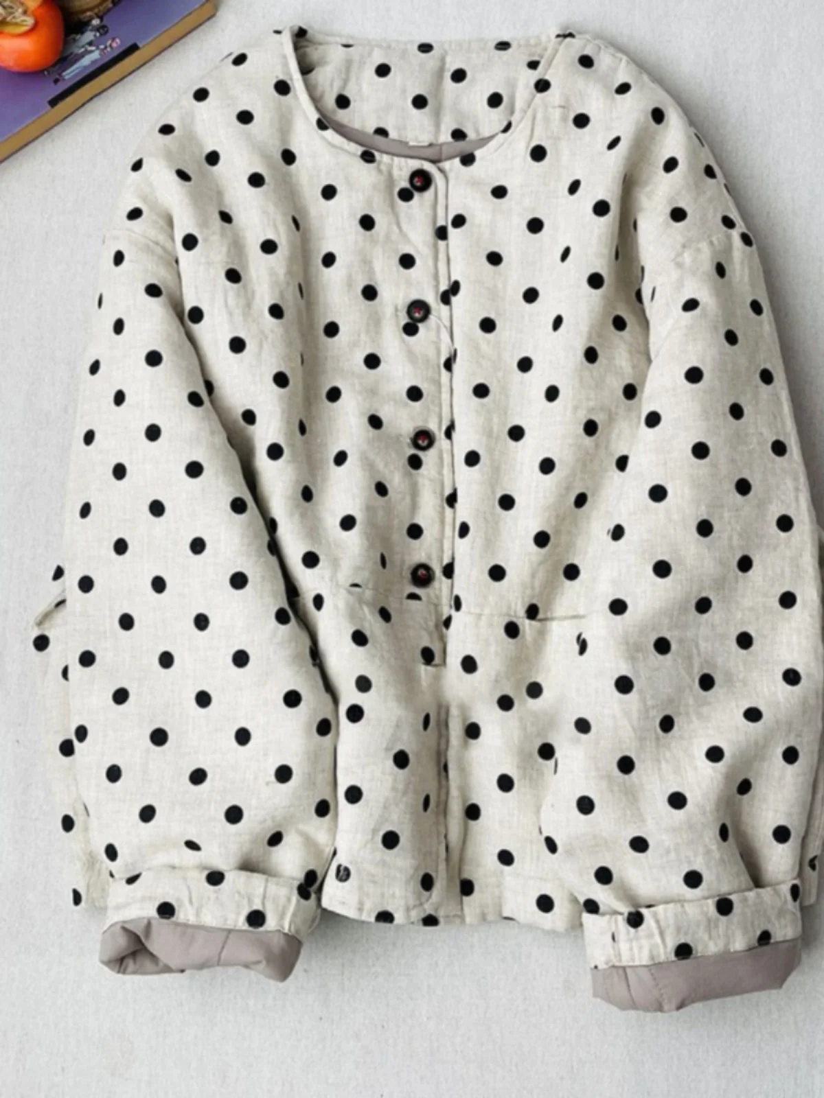 

Женское свободное круглое хлопковое пальто в горошек в японском стиле в стиле ретро, зимнее теплое хлопковое пальто с подкладкой