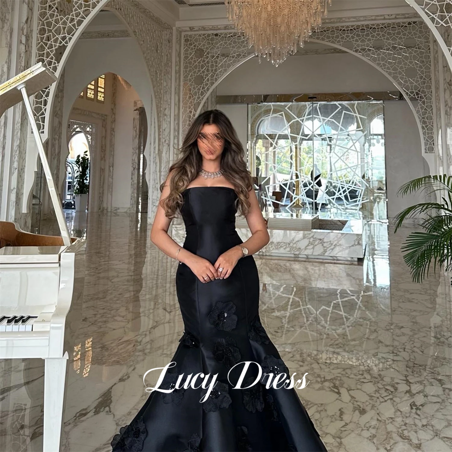 Lucy Flower Decoration Black Evening Dress Luxurious Satin Customized Dresses 2024 Women Ball Gowns Robe De Soiree Femmes