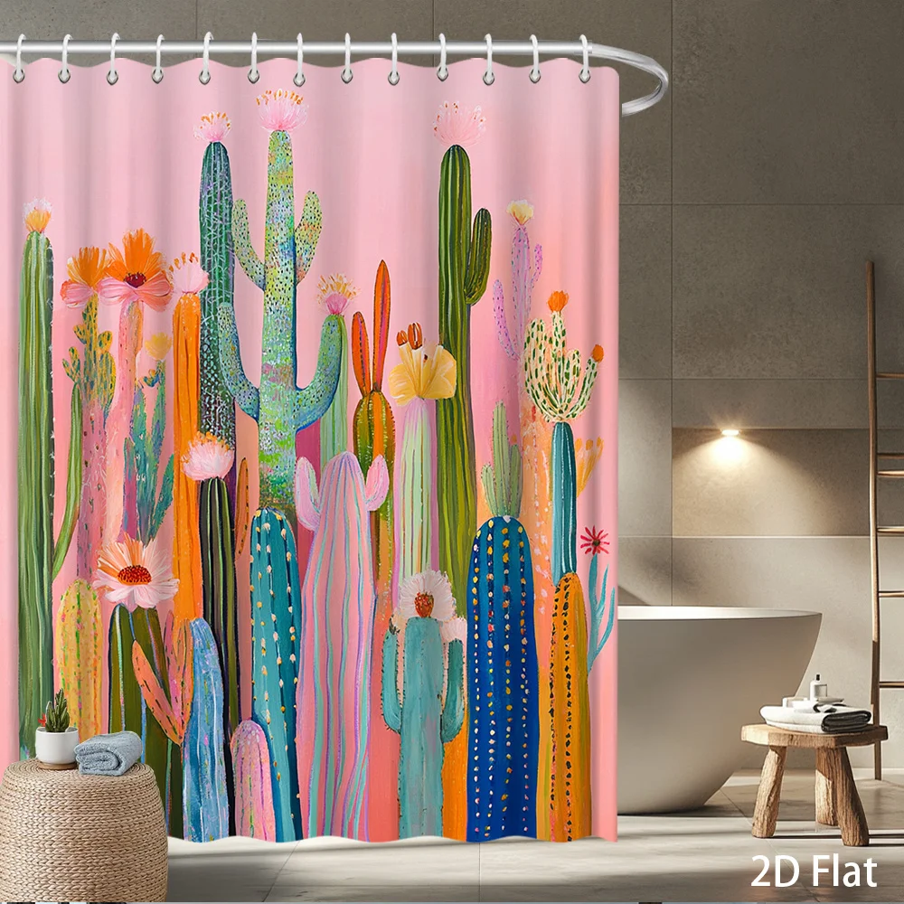 1pc Desert Botanical Shower Curtain Abstract Cacti & Blossoms in Pink, Teal, Coral on Rose Ground, Print for Bathroom Decor