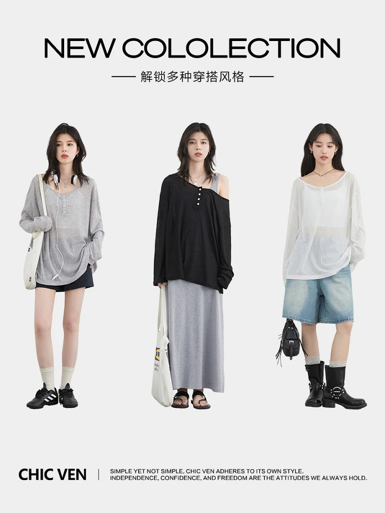 CHIC VEN Women T-Shirts Casual Loose New Slightly Transparent O Neck Female Top Thin Sun Protection Tees Spring Summer 2025
