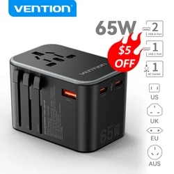 Vention Universal Travel Adapter PD 65W All in One Worldwide Travel Adapter Wall Charger AC Power Plug Adapter for USA EU AUS UK