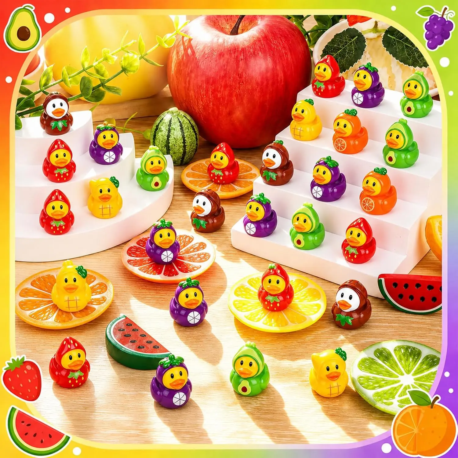 12Pcs Tiny Fruit Resin Ducks 6‑Styles Mini Duck Figurines Miniature Animals DIY Crafts Home Garden Car Party Decor