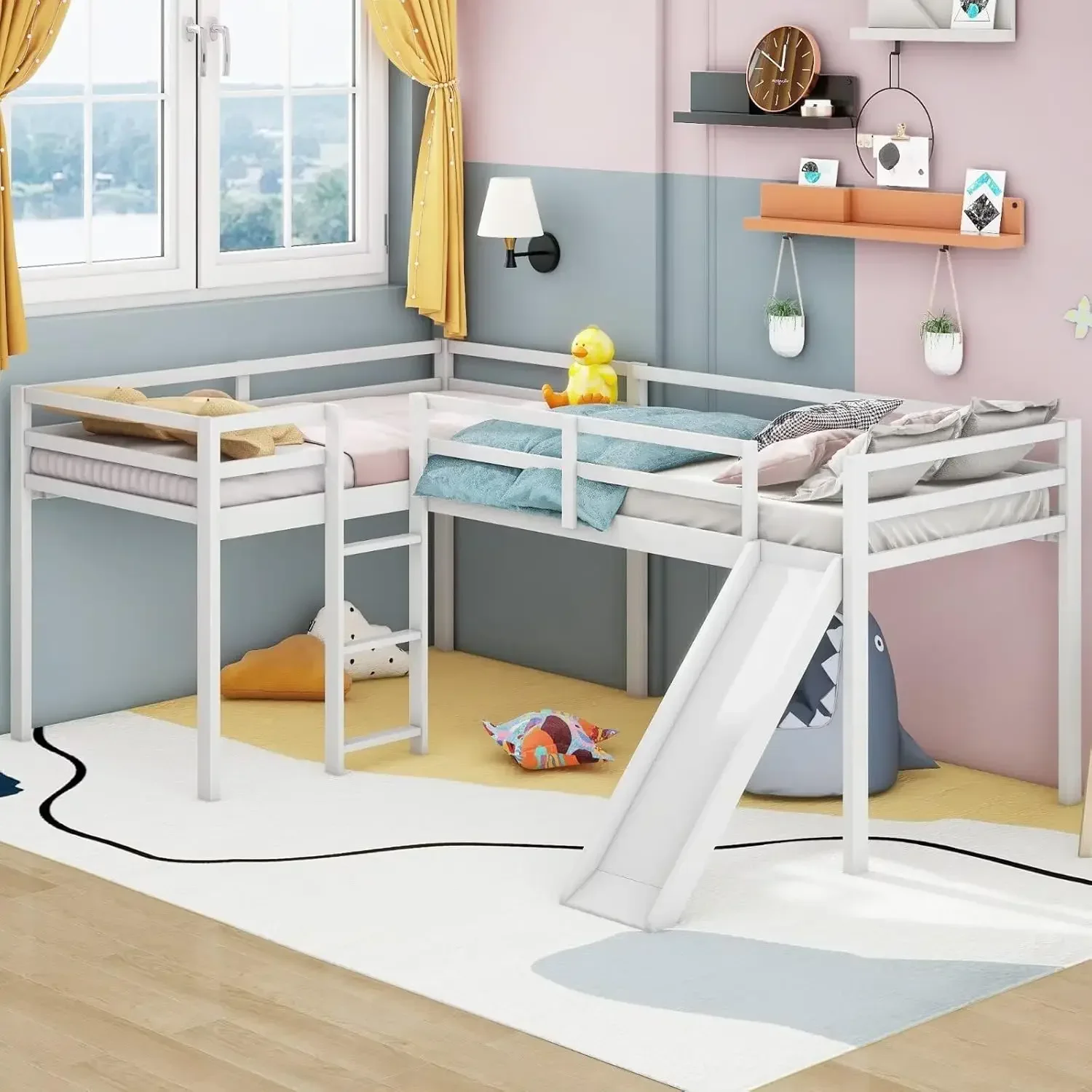 Merax Twin Size Double Loft Bed with Slide and Ladder, Wooden L-Shaped Bed Frame with Full-Length Guardrail, Wood Bedframe for K