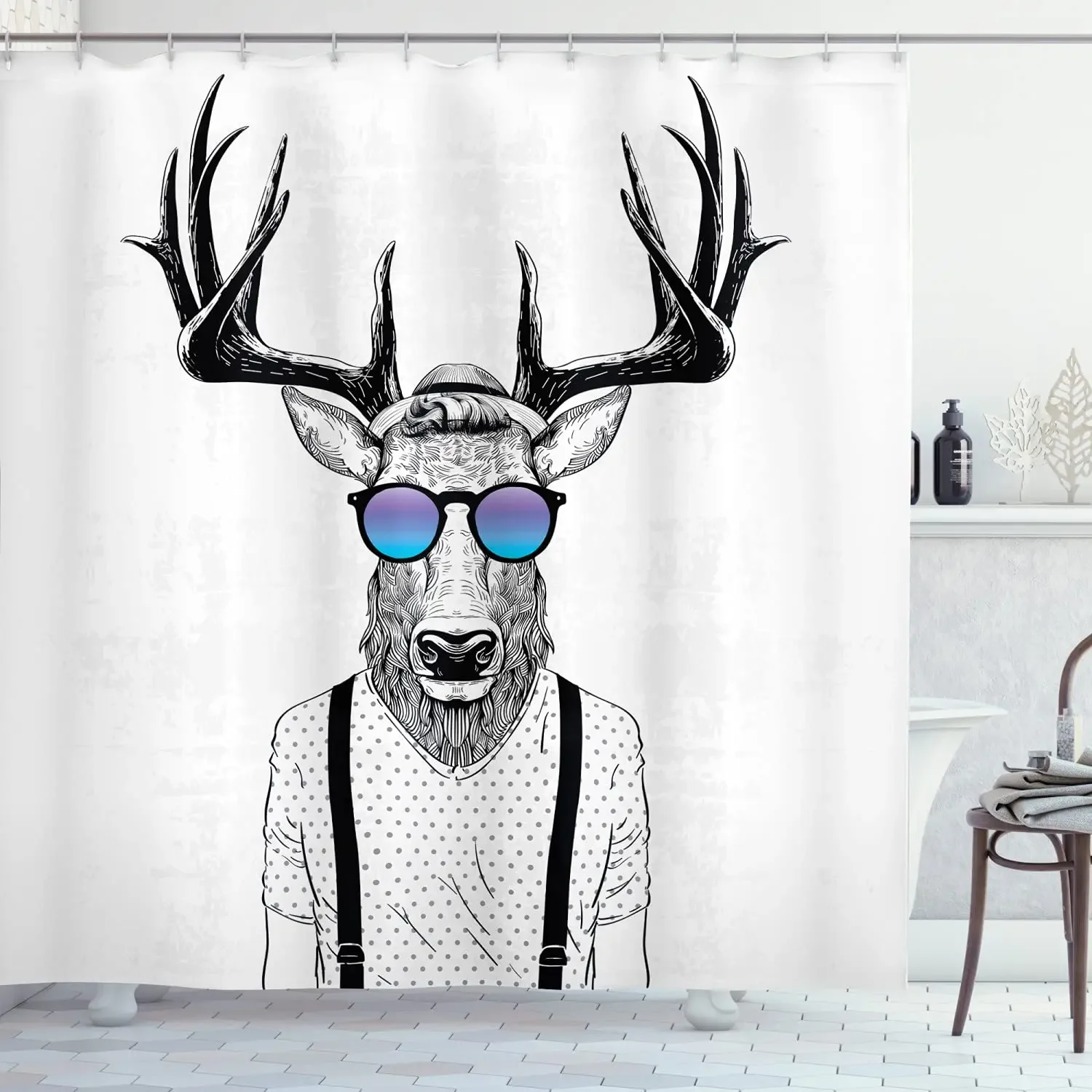 Antlers Shower Curtain,Illustration of Deer Dressed Up Like Cool Hipster Fashion Creative Fun Animal,Cloth Fabric Bathroom Decor