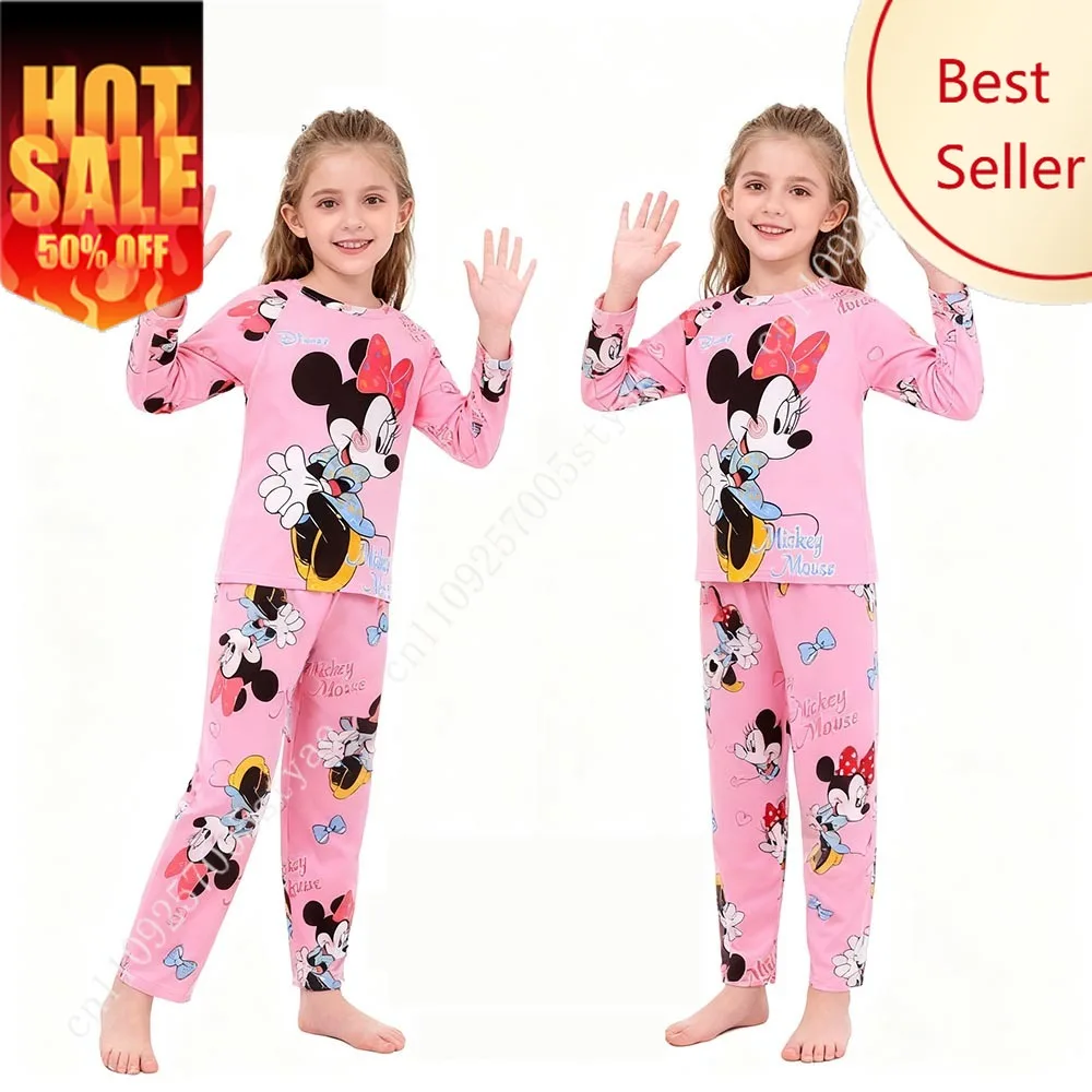 

Minnie Mouse Girls Pj Set Long Sleeve Pajamas Kids Pyjamas Anime Sleepwear Children Clothing Sets Stitch Nighty for Kid