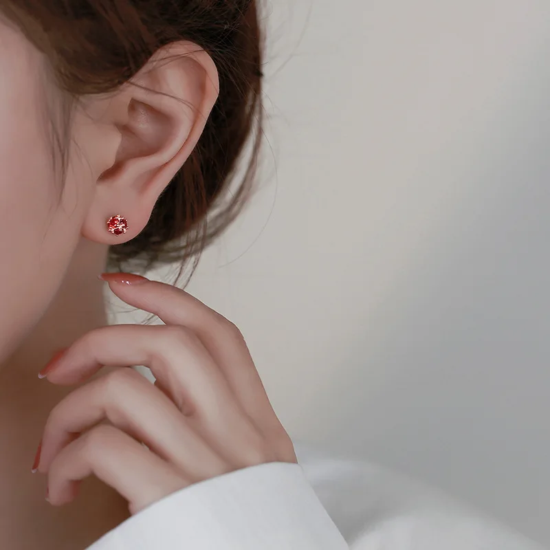 VOQ Silver Color Vintage Shiny Red Zircon Pierced Stud Earrings for Women Simple Chic Teen Daily Jewelry Earrings
