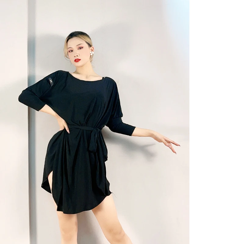 Vestido de baile latino negro para mujer, traje de manga larga para Tango, Rumba, flamenco, baile de salón, novedad de 2022