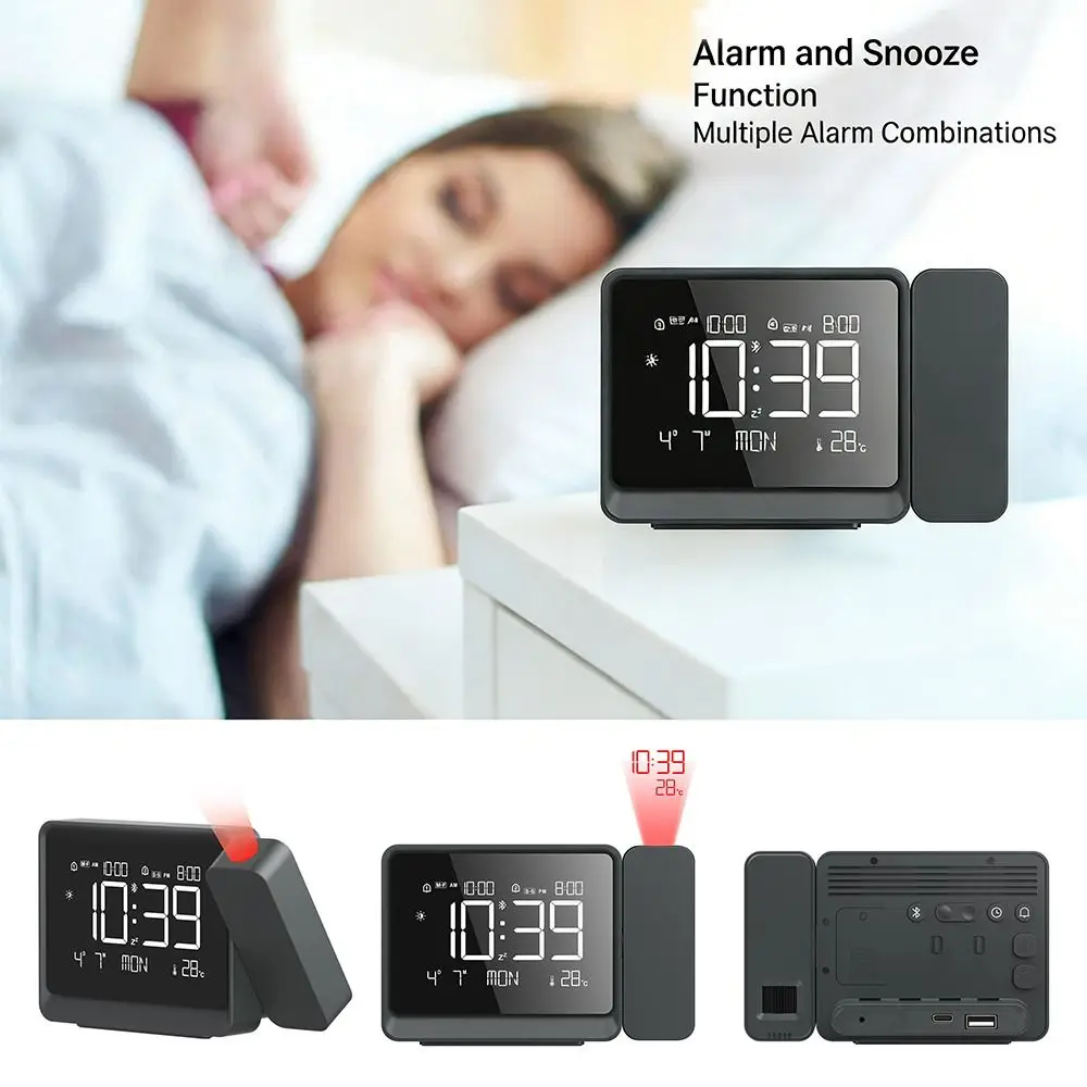 180° Rotatable Projection Digital Alarm Clock Brightness Dimmer LED Display Electronic Table Clock Temperature Display USB