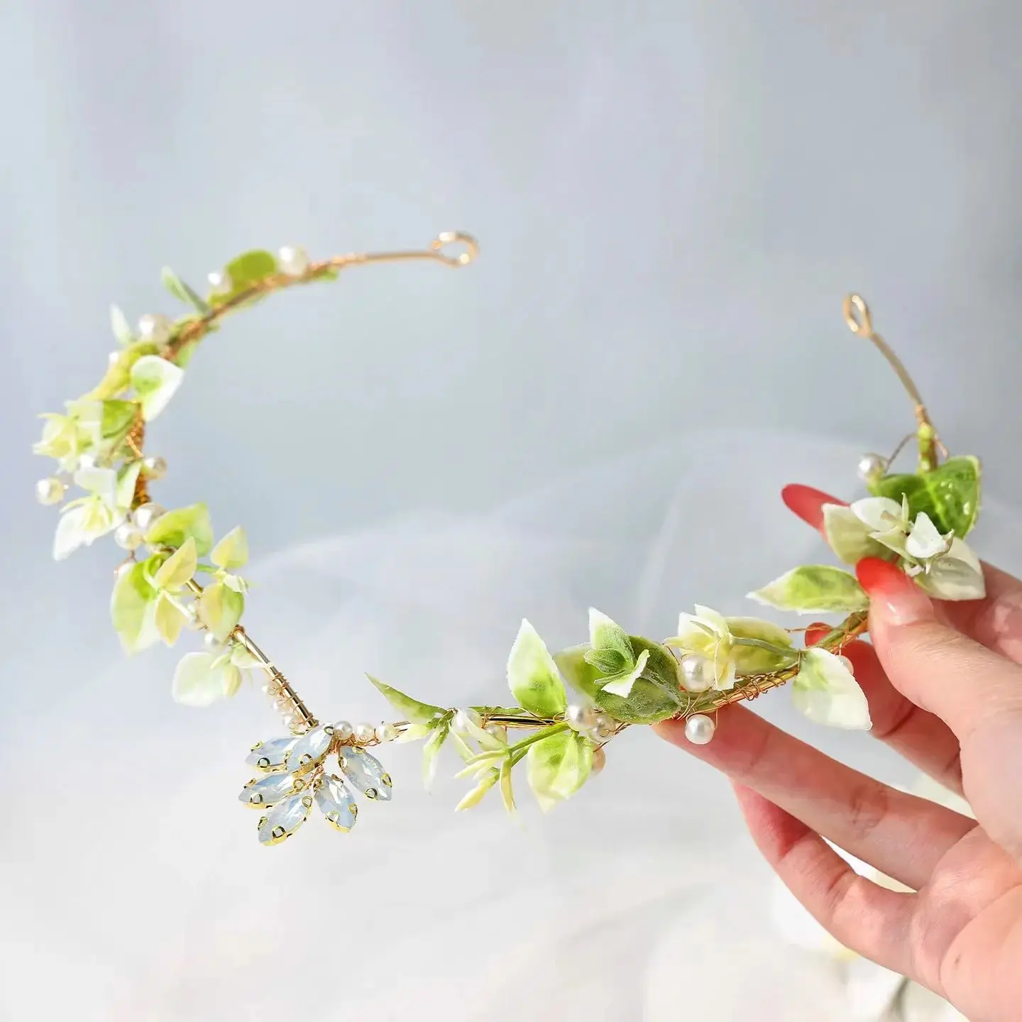 Elegant Green Leaf Pearl Rhinestone Bridal Headband, Boho Floral Wedding Hair Crown for Bride Bridesmaid Prom Garden Party image 5