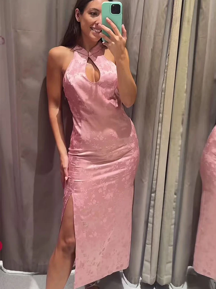 TFMLN New Elegant Long Dress For Women Halter Neck Keyhole Cutout Sleeveless High Split Fashion Midi Female Bodycon Dress