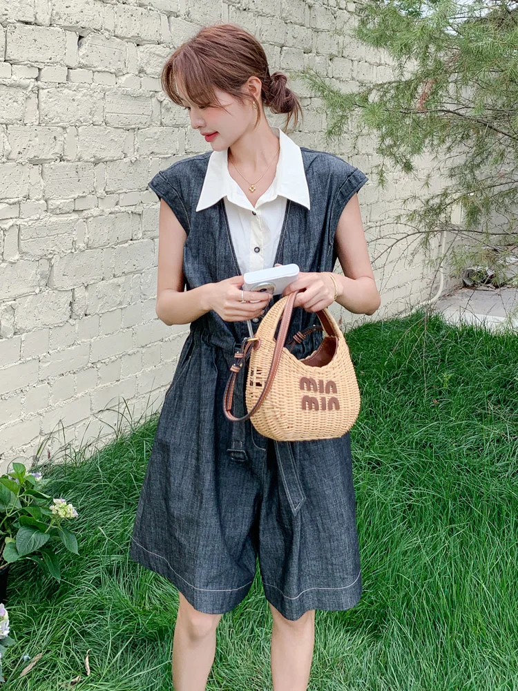 จั๊มสูทขาบานทรงหลวมสไตล์วินเทจ ผ้าบางเบา แต่งลายปะติด ดีไซน์สองชิ้นหลอกตา สำหรับผู้หญิง ฤดูร้อน รุ่นใหม่ ช่วยให้ดูอ่อนวัย