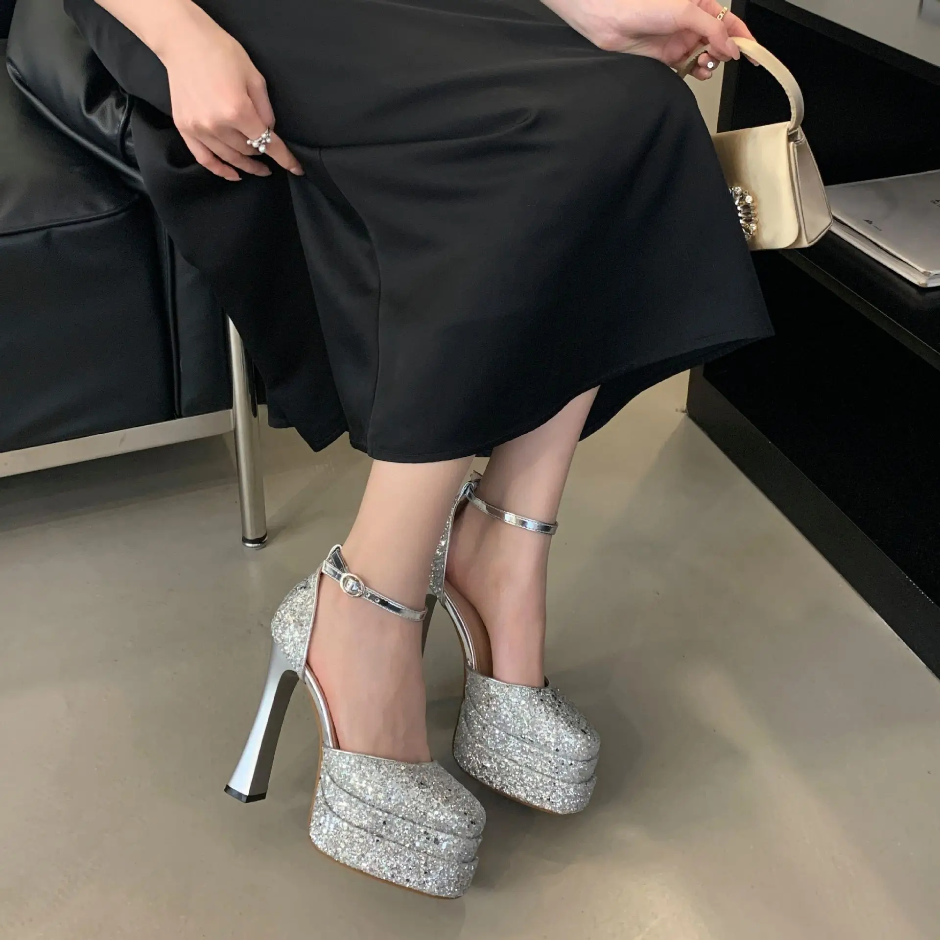 

2026 New Women 14cm Thick Heel Sandals Double Platform Sexy Fashion Model Show High Heels