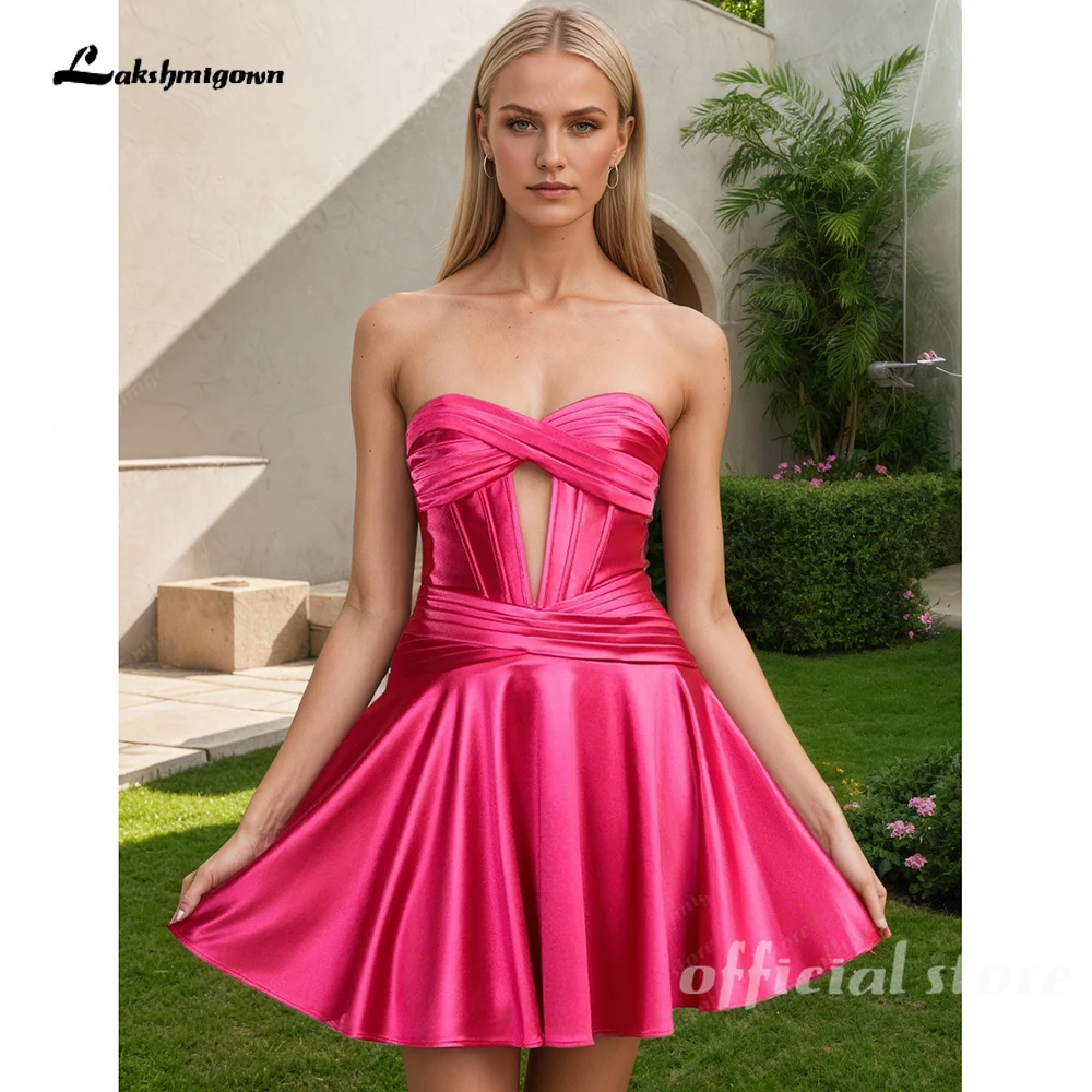 

A-line Strapless Fuchsia Pleated Homecoming Dress with Keyhole Mini A Line Graduation Cocktail Prom Party Gown
