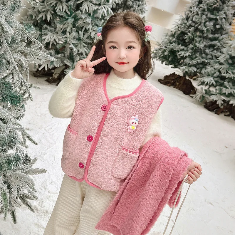 Sanrios Girl Wear Outside Vest Kuromi Autumn Winter New Plus Velvet Thicken Keep Warm Kawaii Cartoon Child Clothing Cotton Vest