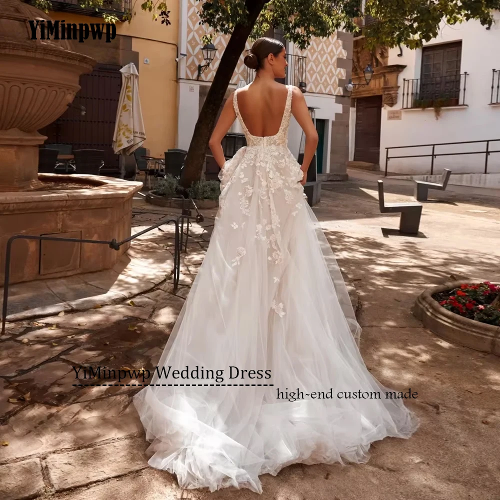 Vestidos de novia sin mangas para mujer, vestidos de novia con abertura lateral y apliques de cuello cuadrado, vestido de novia elegante con cuentas personalizado 2025