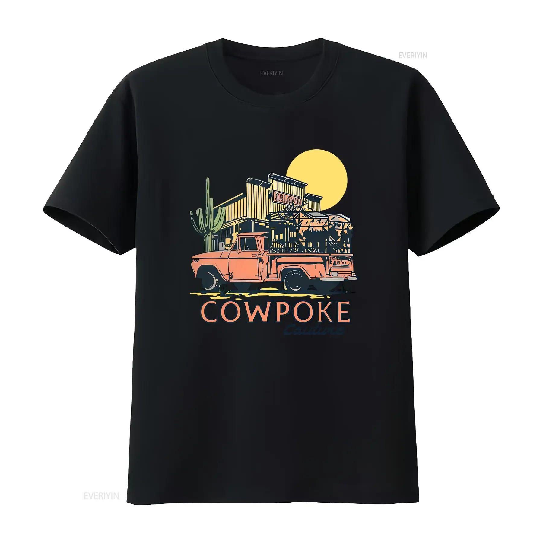 Vintage Western Cowpoke Saloon Cactus Retro Pickup Truck Print Casual T Shirt vintage Washed Stretched graphic Breathable