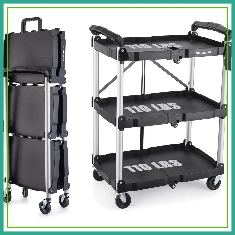 

Portable Folding Service Cart 3-Tier 330LBS Utility Cart with Wheels for Home Garage