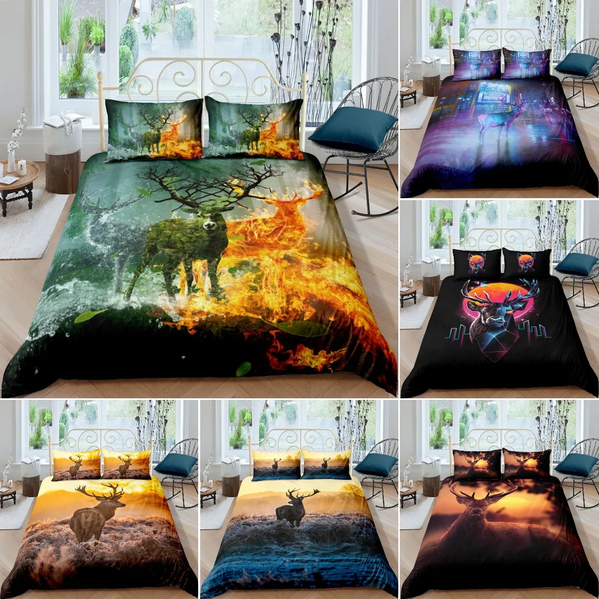 

Deer Duvet Cover King/Queen Size,wildlife Bucks Fire Pattern Print Bedding Set For Teens Adults Men,Brown Elk Animal Quilt Cover