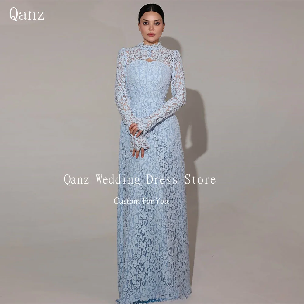 

Небесно-голубое кружевное платье Qanz для выпускного вечера с длинными рукавами, А-силуэт, женское свадебное/вечернее платье с жакетом, вечернее платье с вырезом «сердечко», на заказ