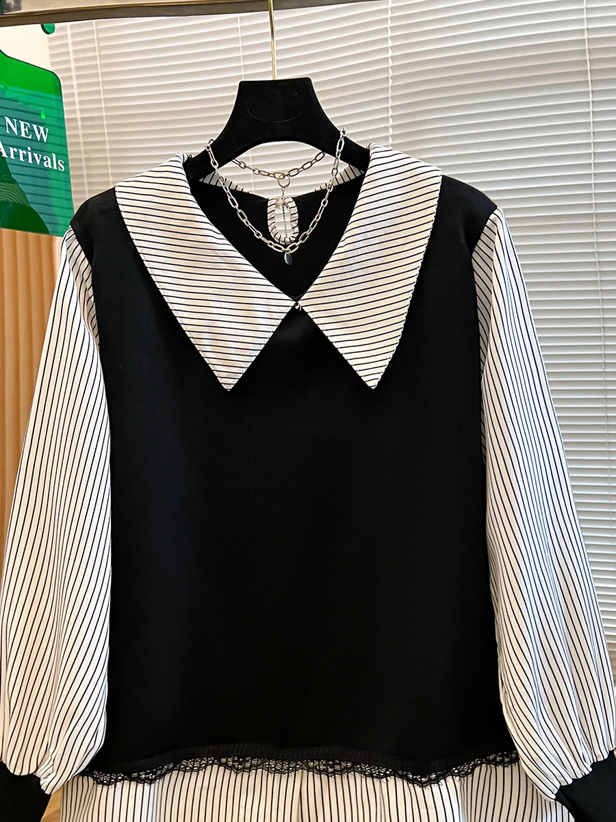 

Casual Sle plus Size irt with Lace Splicing Stripes Design Baby Collar Women's Top Ele Youthful Look One-Piece Dr